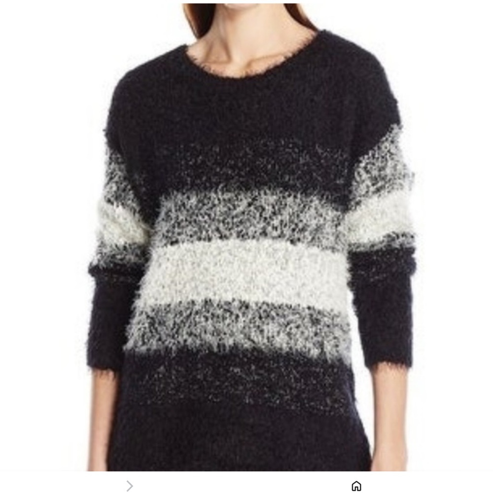 Two by Vince Camuto Black-White-Gray Striped Eyelash Chunky Knit Sweater Size XL